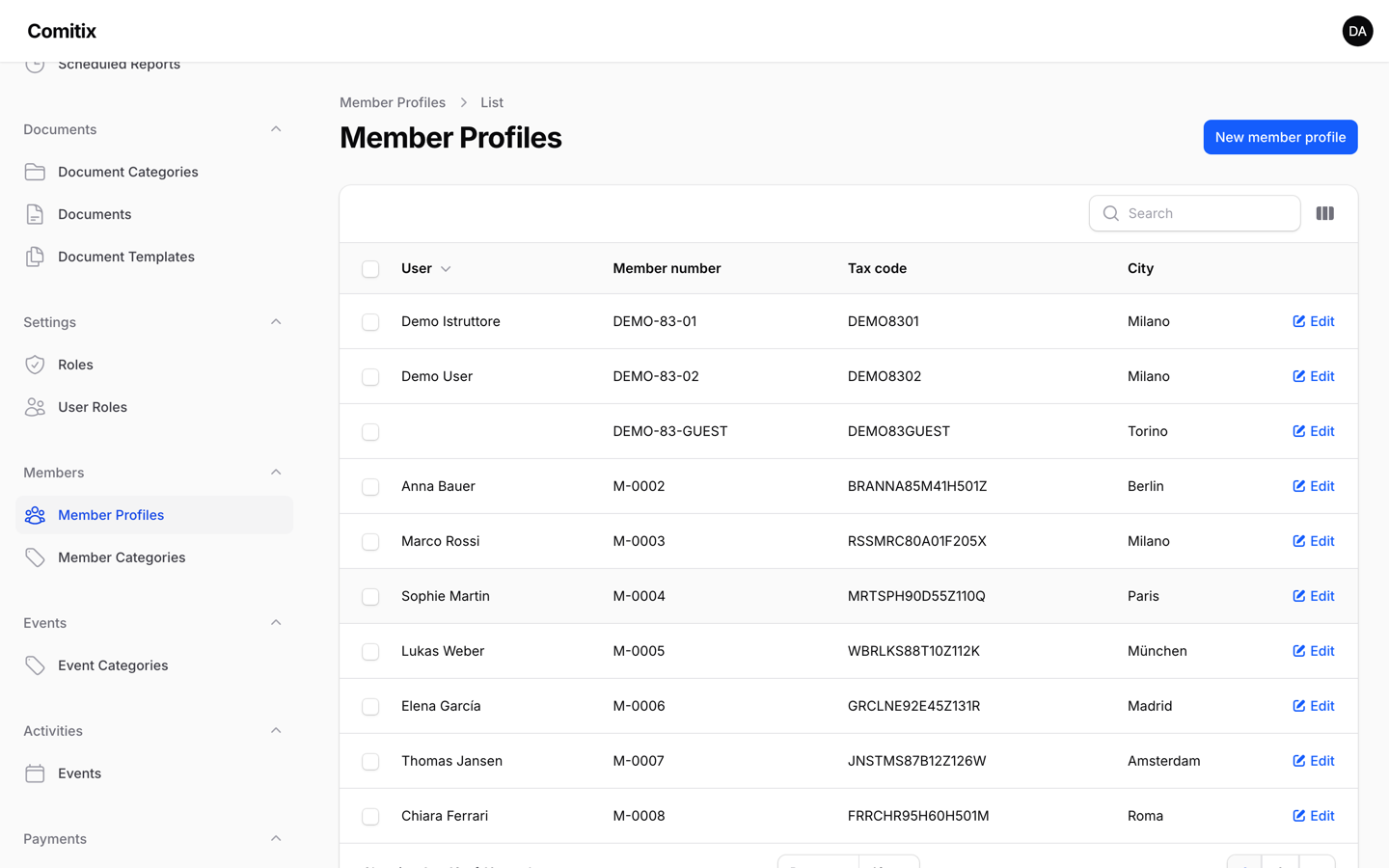 Member list with category and dues status
