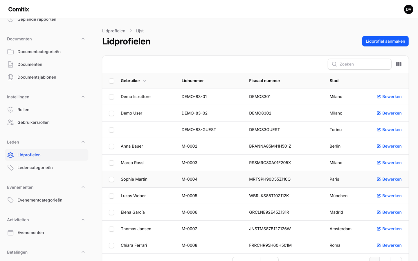 Ledenlijst met categorie en contributiestatus