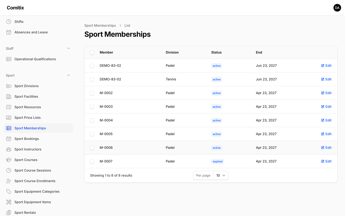 Memberships list in the Comitix panel